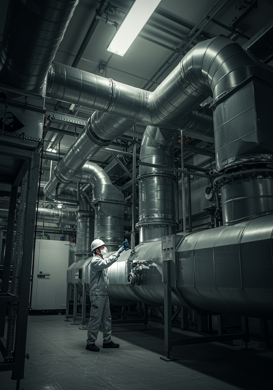 "Ingeniero blanco con máscara y uniforme inspeccionando ductos de ventilación y extracción de acero inoxidable en una fábrica, con iluminación dramática que resalta los equipos de flujo de aire."