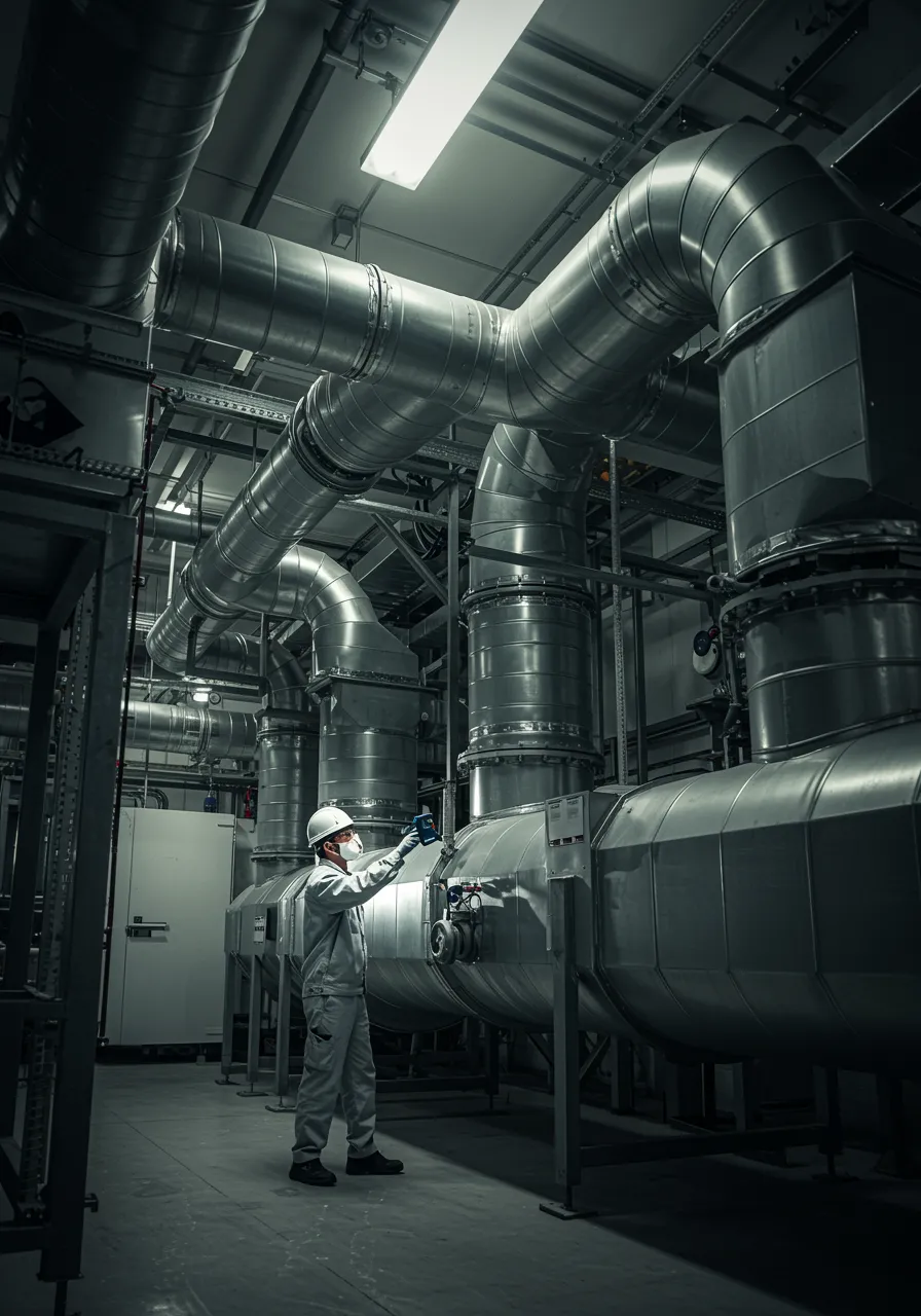 "Ingeniero blanco con máscara y uniforme inspeccionando ductos de ventilación y extracción de acero inoxidable en una fábrica, con iluminación dramática que resalta los equipos de flujo de aire."