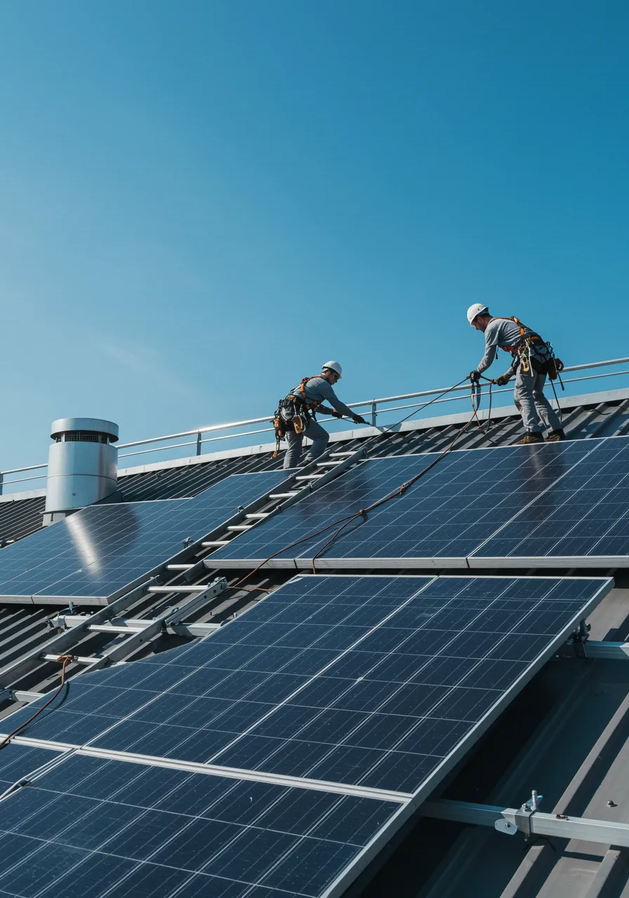 "Instalación de paneles fotovoltaicos en un techo inclinado por técnicos en arneses de seguridad, símbolo de energía limpia en un entorno industrial moderno."