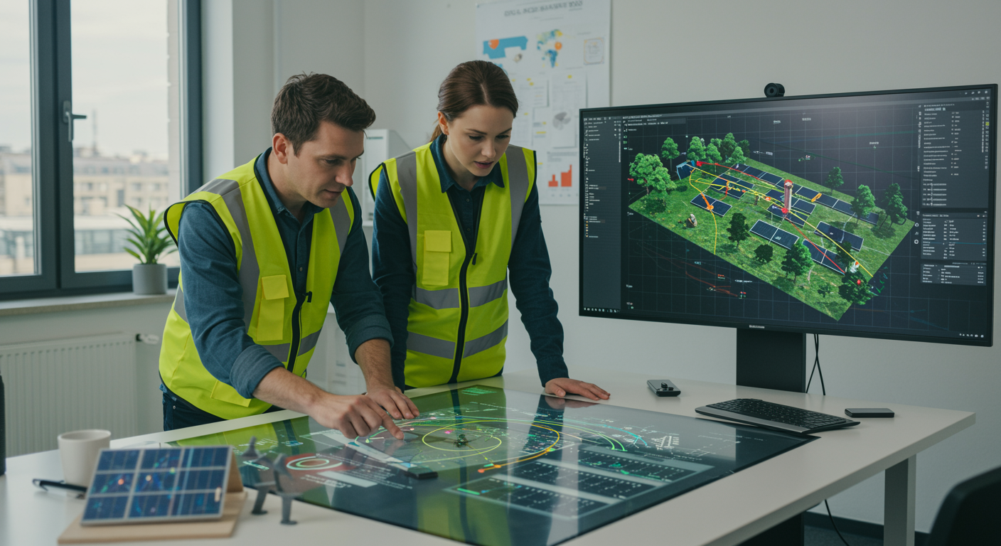 imagen26 1 "Ilustración digital ultra-realista de ingenieros analizando una simulación de instalación de paneles solares en un entorno de oficina moderno, destacando eficiencia energética y sostenibilidad."