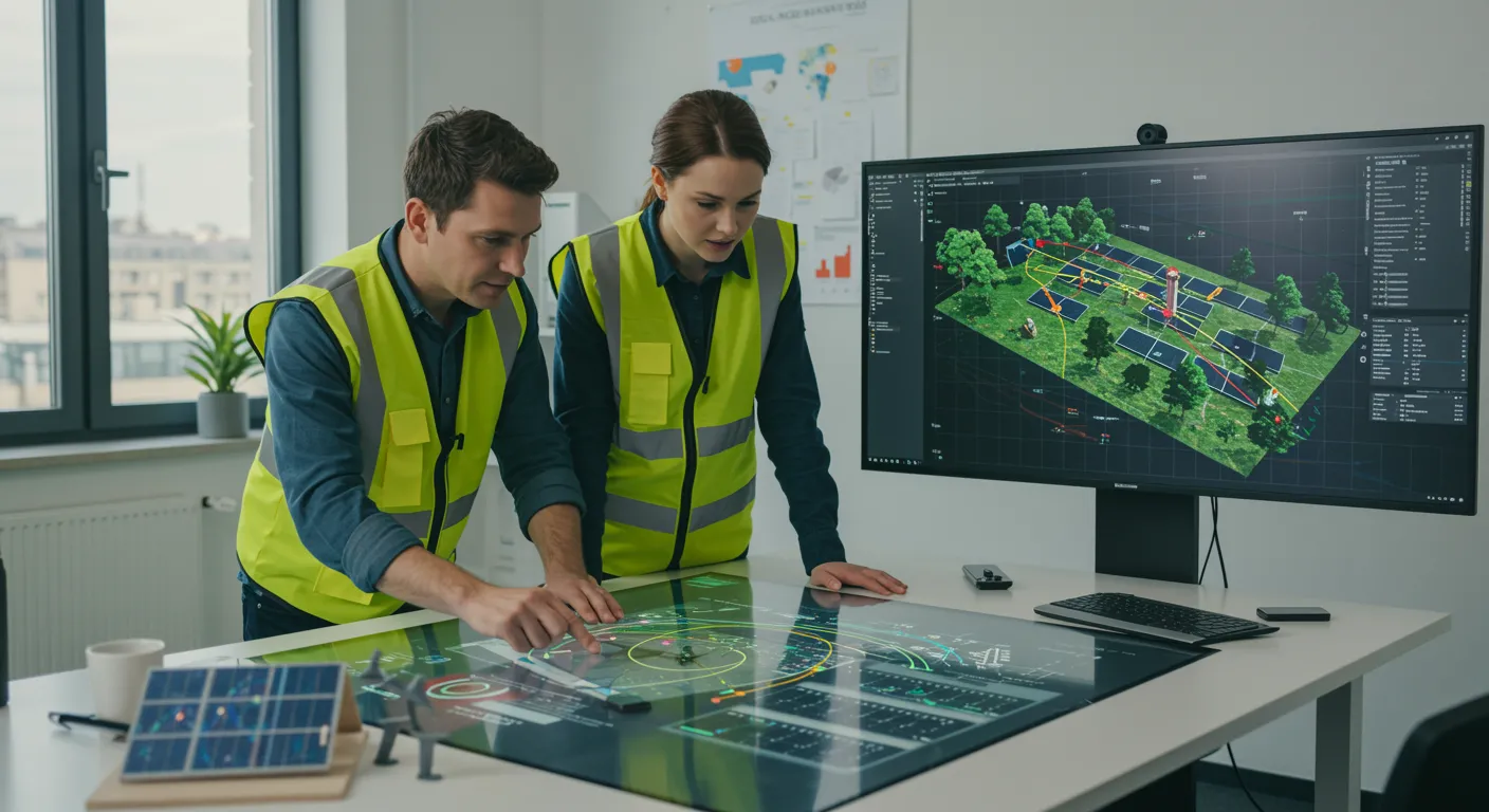 imagen26 1 "Ilustración digital ultra-realista de ingenieros analizando una simulación de instalación de paneles solares en un entorno de oficina moderno, destacando eficiencia energética y sostenibilidad."