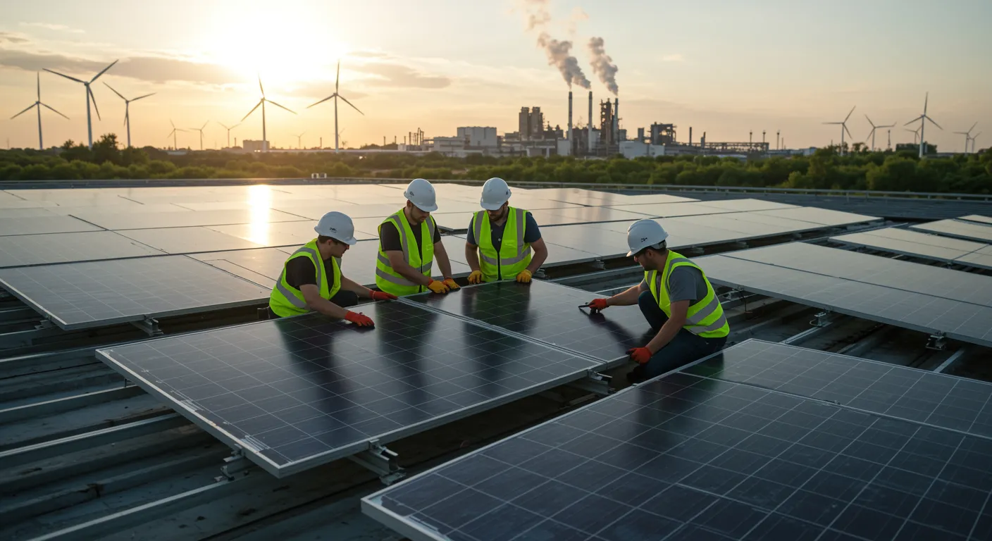 imagen26 3 "Ingenieros industriales en casco y chaleco reflectante instalando paneles solares en una azotea industrial, destacando la sostenibilidad y energías limpias."